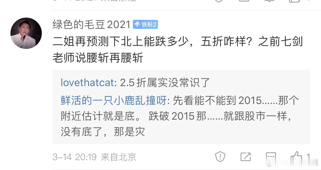 就拿海淀区说，假如以前是10万/平米，第一个腰斩是5万，第二个腰斩是2.5万，你