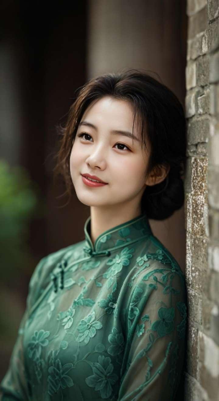 AI扩图 AI绿旗袍佳人