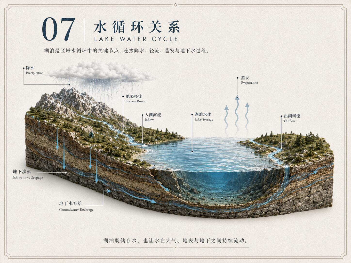把湖泊切开，才知道平静只是表面。小时候看湖，只觉得它很安静。后来才知道，真正热闹