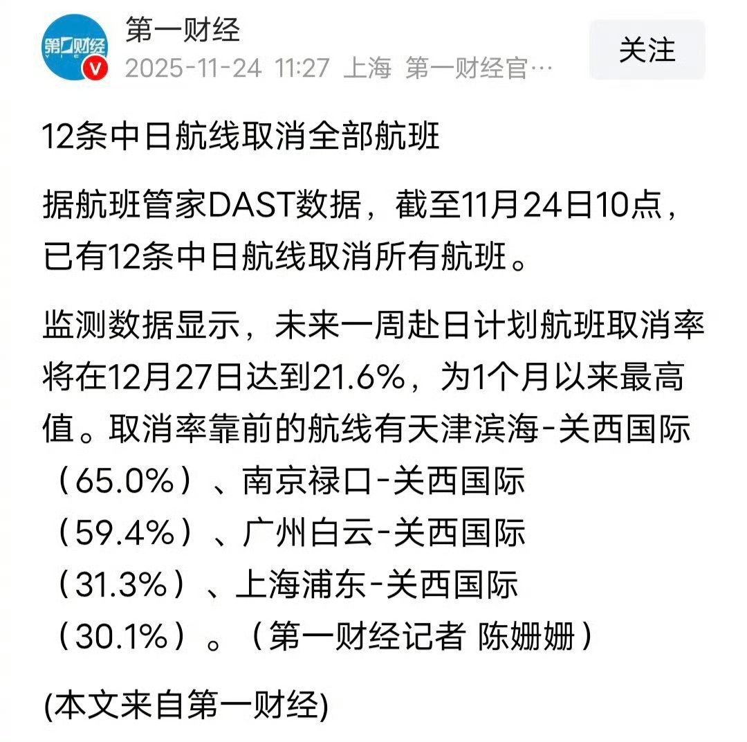 日本人不是期望清净吗？据航班管家DAST数据，截至11月24日10点，已有12条