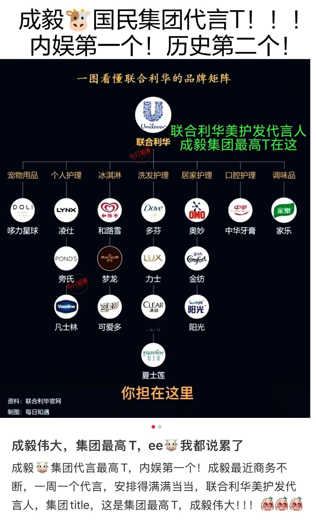 还得是成毅！成毅的联合利华Title是集团级，全球顶配的顶级商务资源，真内娱独一