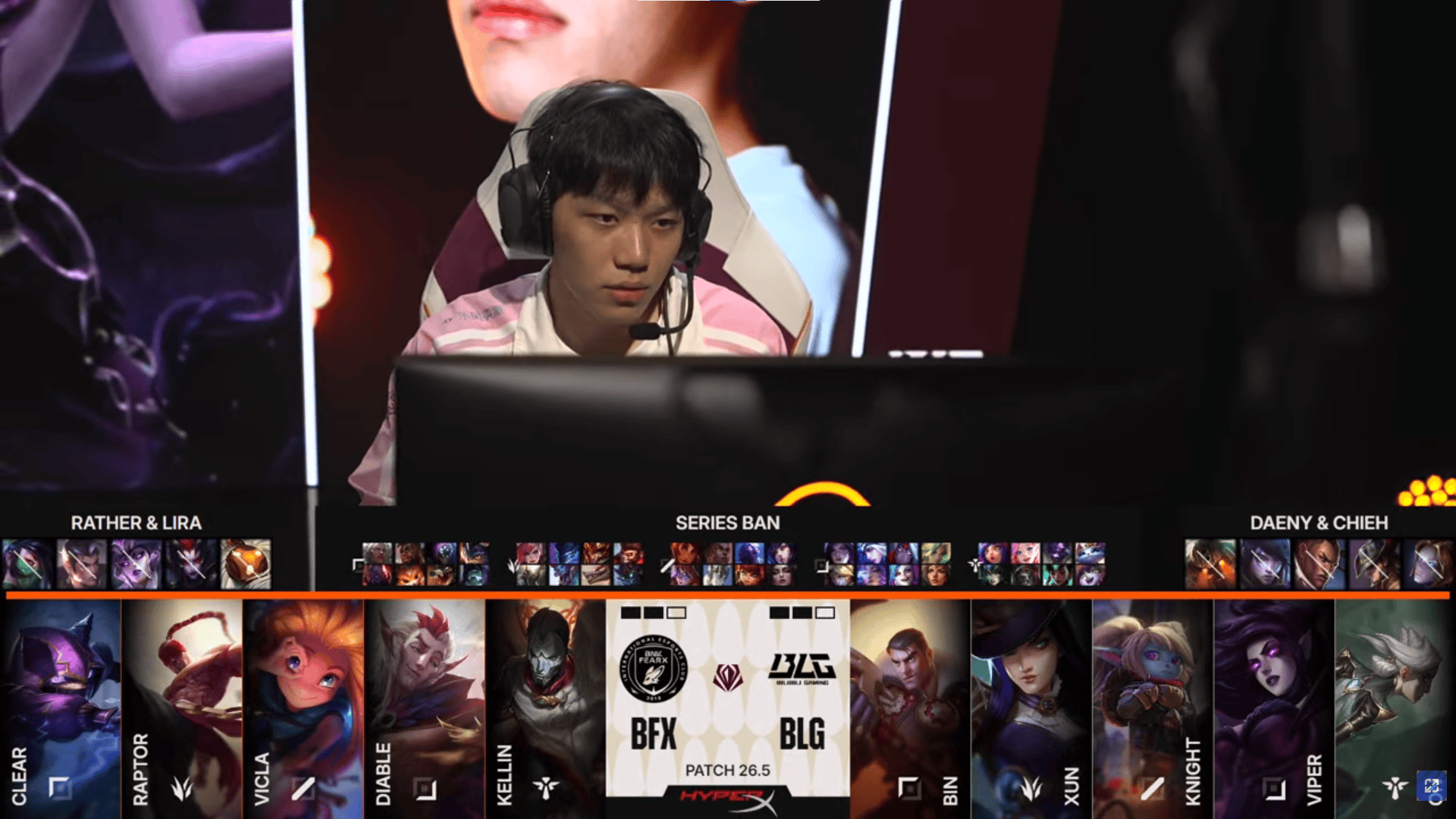 BLG对阵BFX第五局BP：knight莫甘娜中单ON青钢影辅助