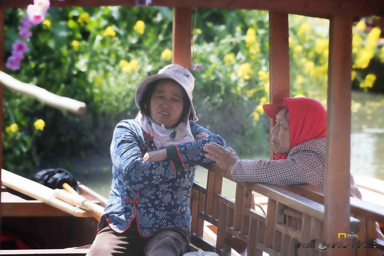 江南水乡的船篷下，船娘的蓝花布衫与红头巾，是春日里最生动的配色。摇船的辛劳，都在