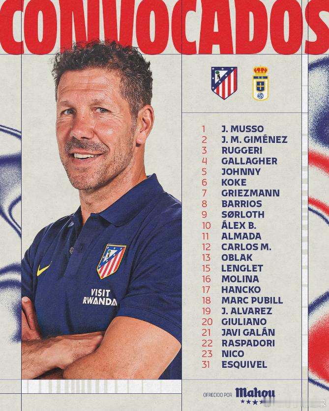 西甲联赛第14轮，马竞主场迎战皇家奥维耶多。赛前，马竞官方发布大名单:1-穆索、