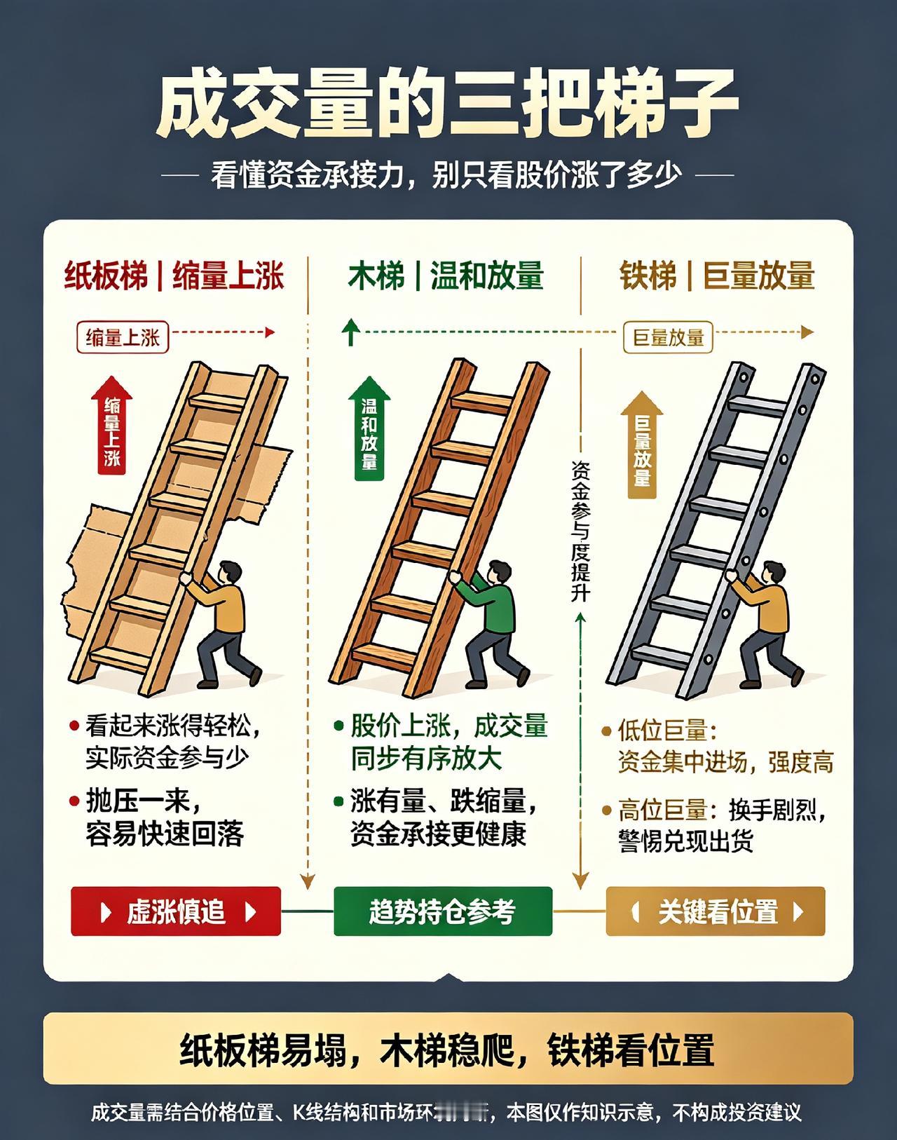 成交量如何看？今天，我用三把梯子一次性讲明白！
 
成交量就是支撑股价往上爬的梯