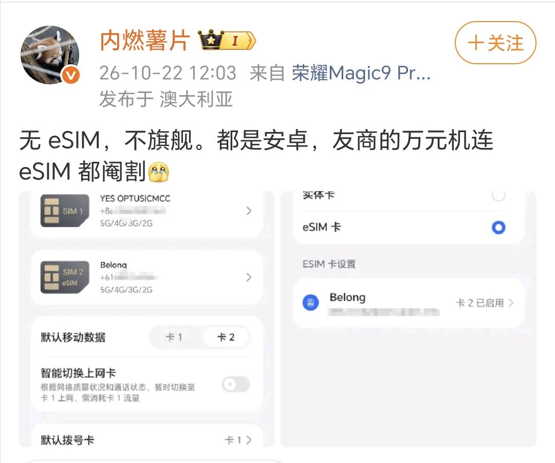 友商是谁就不点名了
阉割了eSIM卡的都不是真旗舰手机，价格都过万了还这么节省荣
