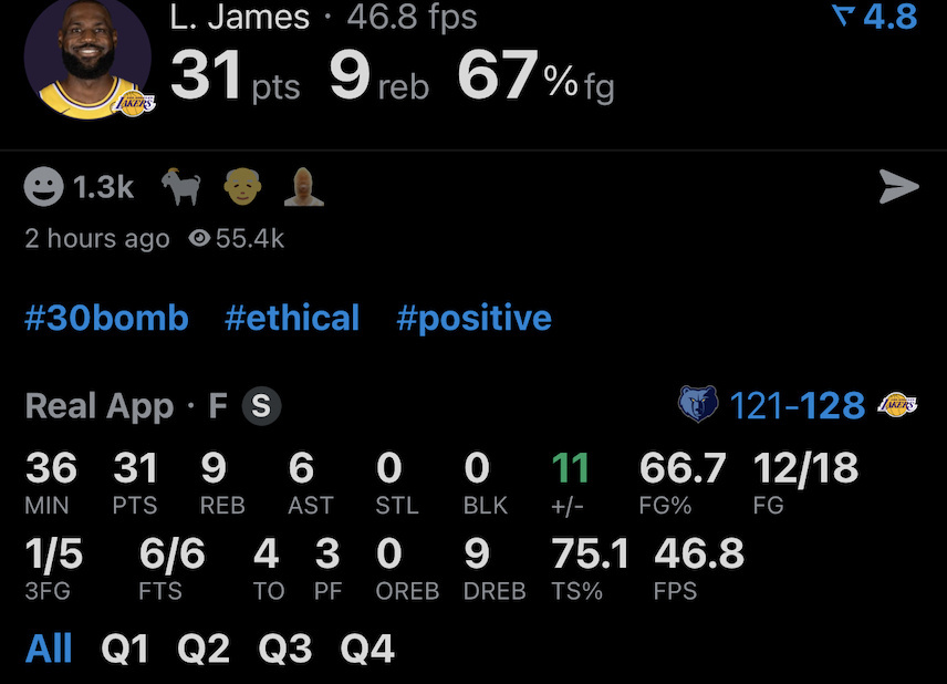 18投12中，31分6篮板6助攻，67%命中率！如何评价今天詹姆斯场上表现？灰熊