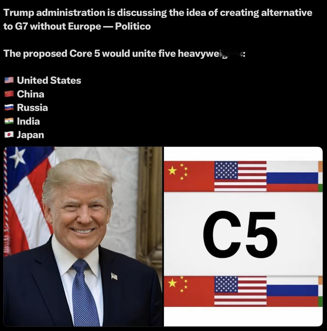 美国总统特朗普政府正在打造核心五国联盟，简称为C5联盟，难道要替代原来的金砖五国