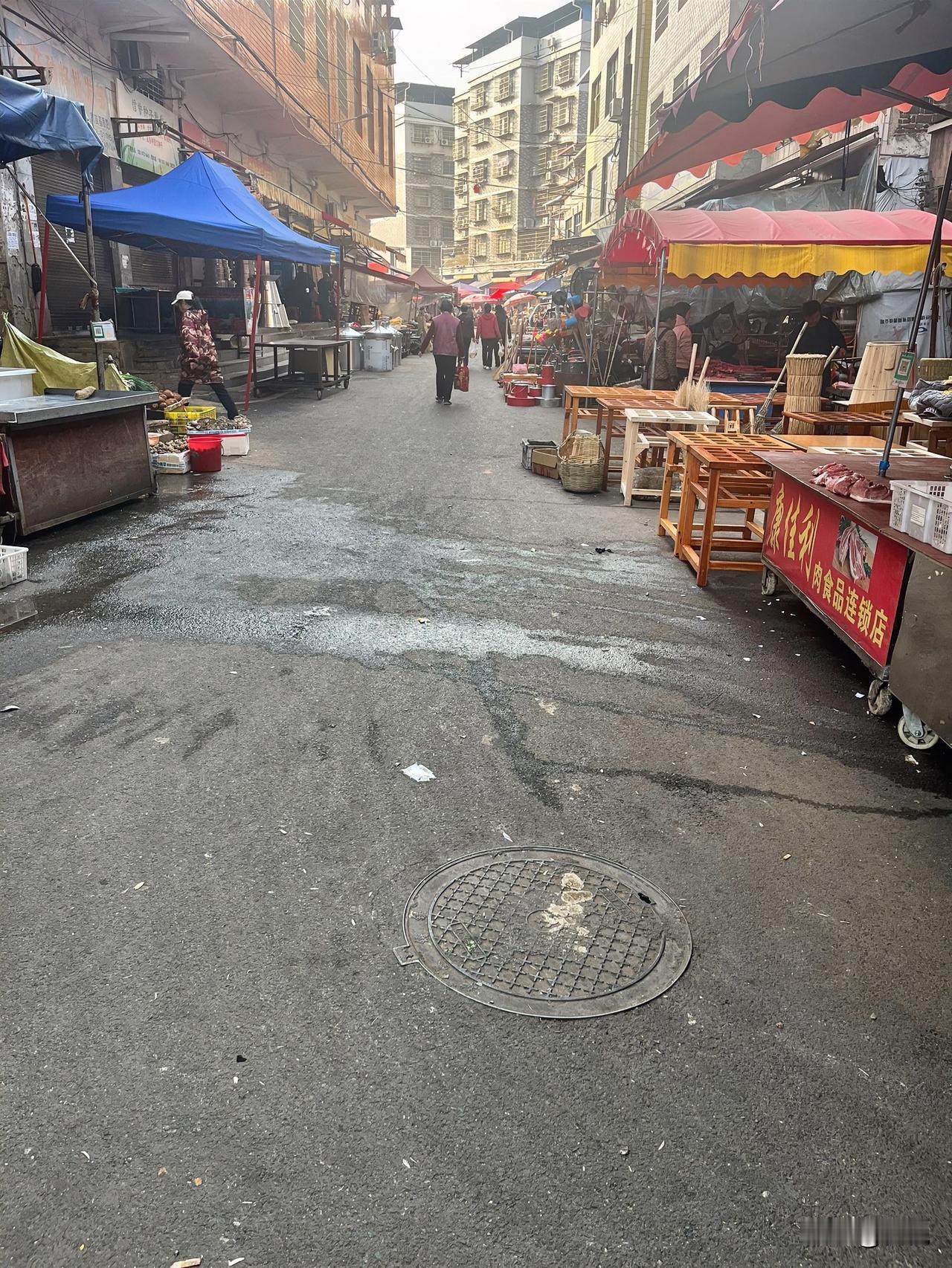 这条老街的早市，是我每天睡醒就想扎进去的地方。

蓝红帐篷挤在窄巷两侧，肉摊的铁