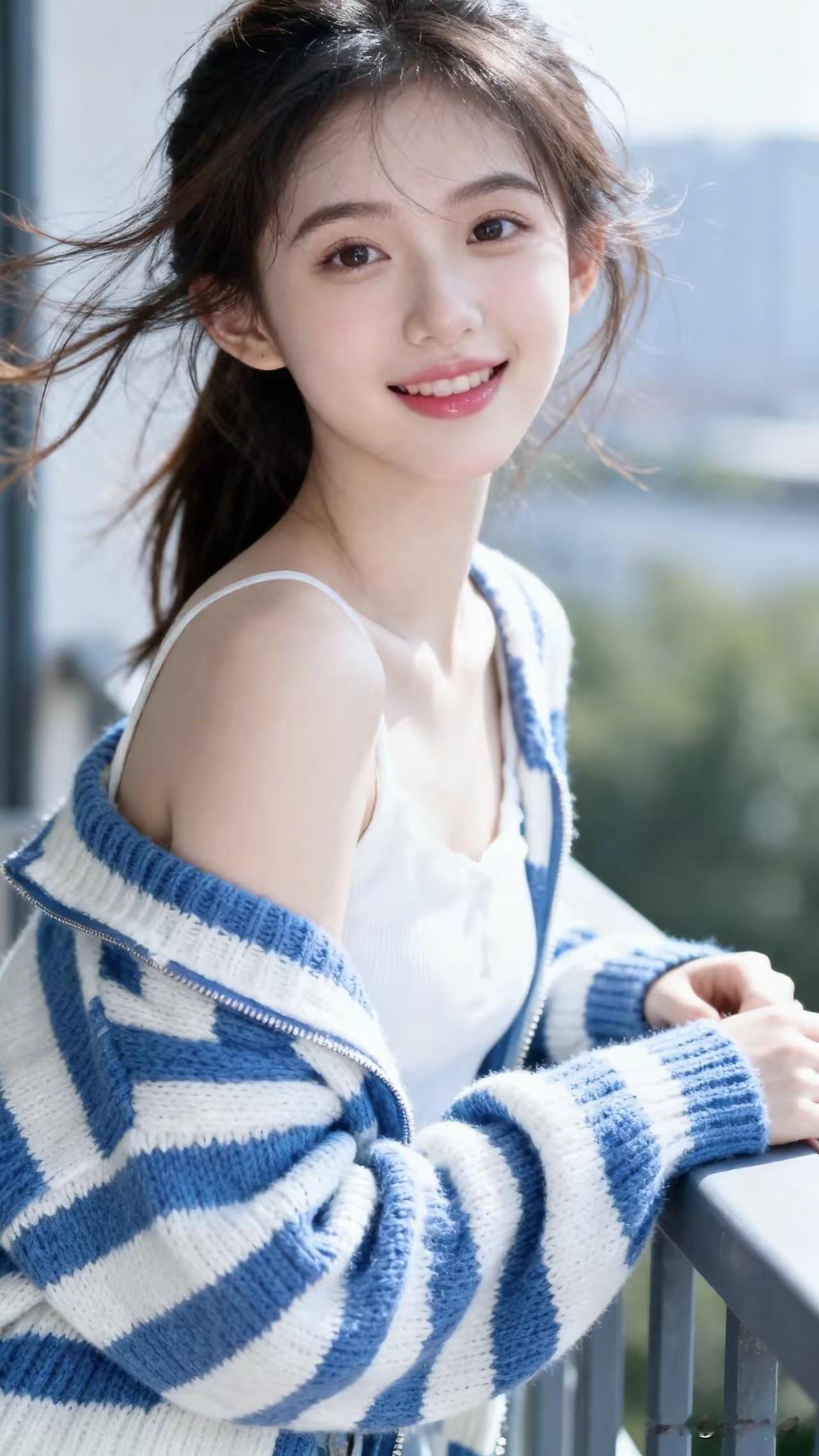 阳光下的微笑，蓝白条纹的温暖，少女心满满的一天🌞💙💙让人心动的女孩子,你喜