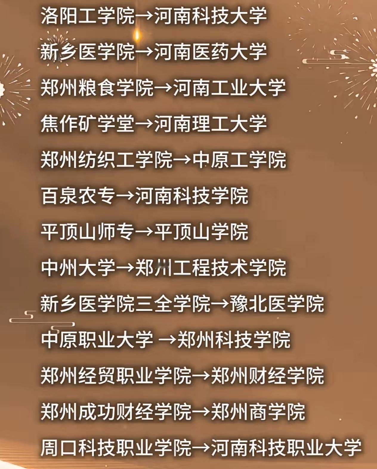 河南省大学改名，正在继续中。
中原工学院　改名河南电子科技大学
郑州航空管理学院