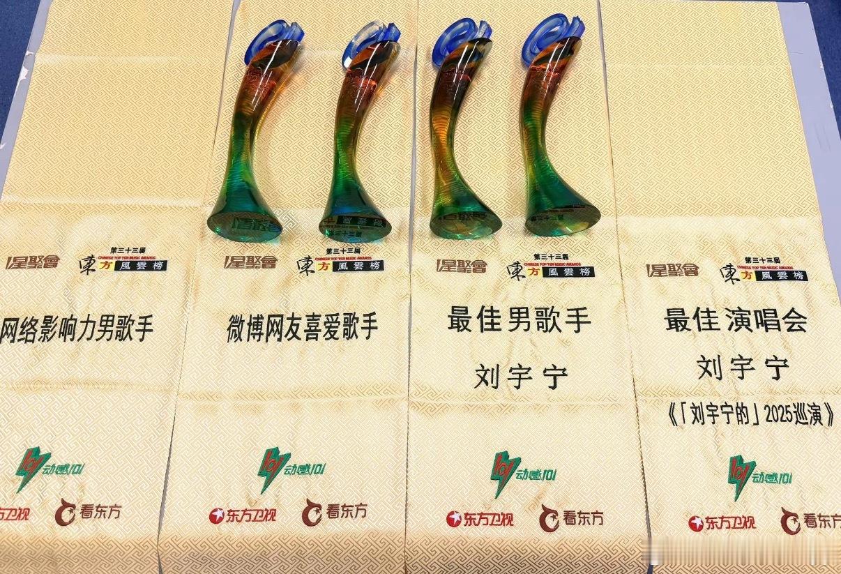 刘宇宁手里的奖杯都快拿不下了在第33届东方风云榜上，歌手刘宇宁一人独揽四项重磅大