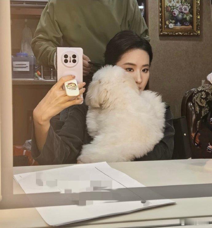 刘亦菲抱狗狗对镜自拍刘亦菲和狗狗对镜自拍 刘亦菲抱狗狗对镜自拍，怀里的小狗却占了