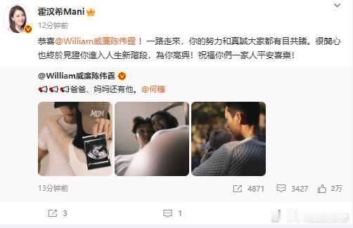 【霍汶希祝福陈伟霆何穗生子】陈伟霆何穗官宣生子 18日，晒出B超照、孕期照官宣得