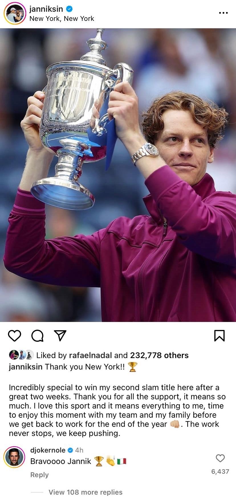 #美网2024# 在辛纳夺得美网冠军之后，阿尔卡拉斯第一时间就在Instagra