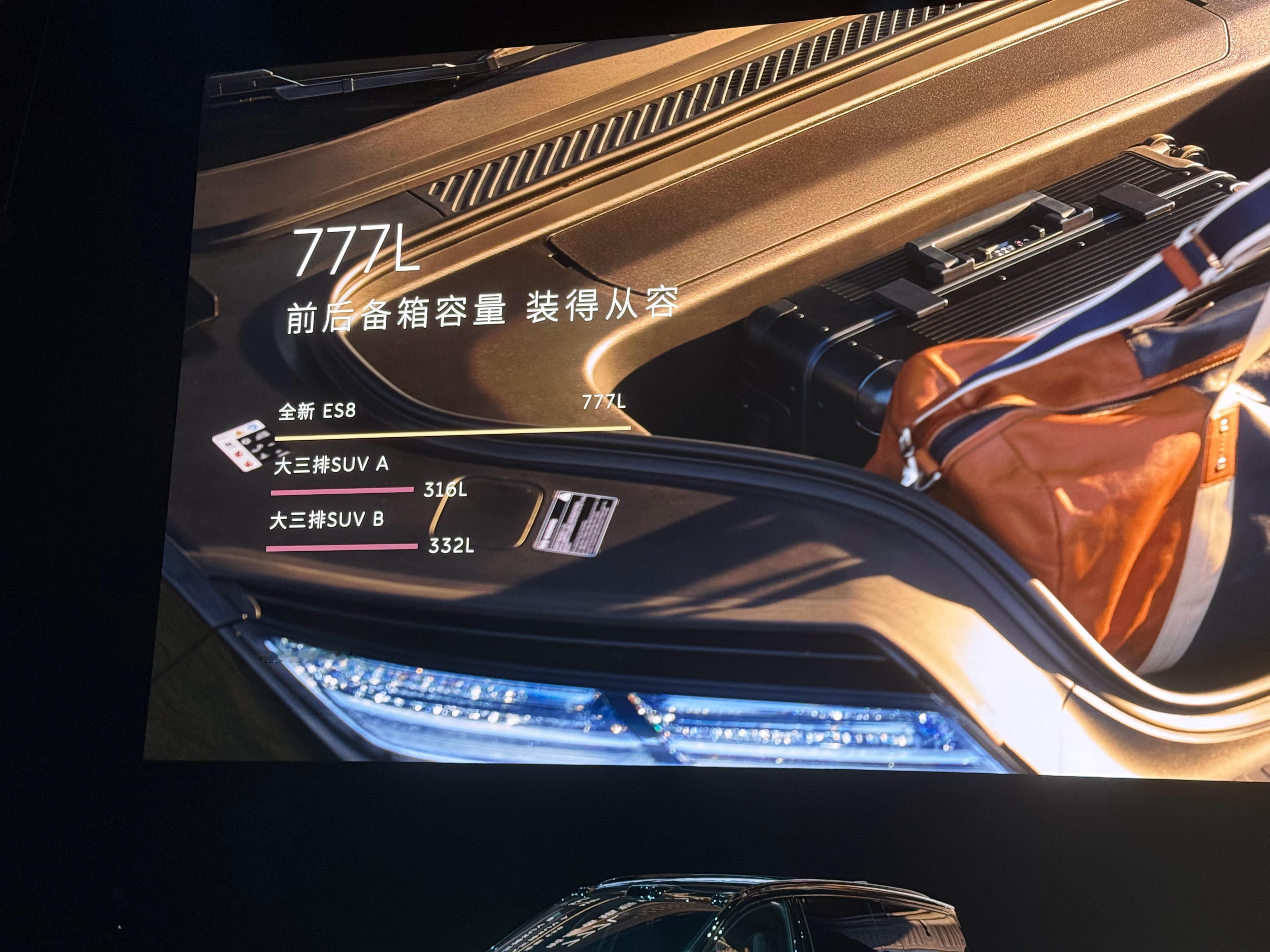 蔚来ES8的前后备箱容量是777L，后备箱是547L，一般大五座是500-600