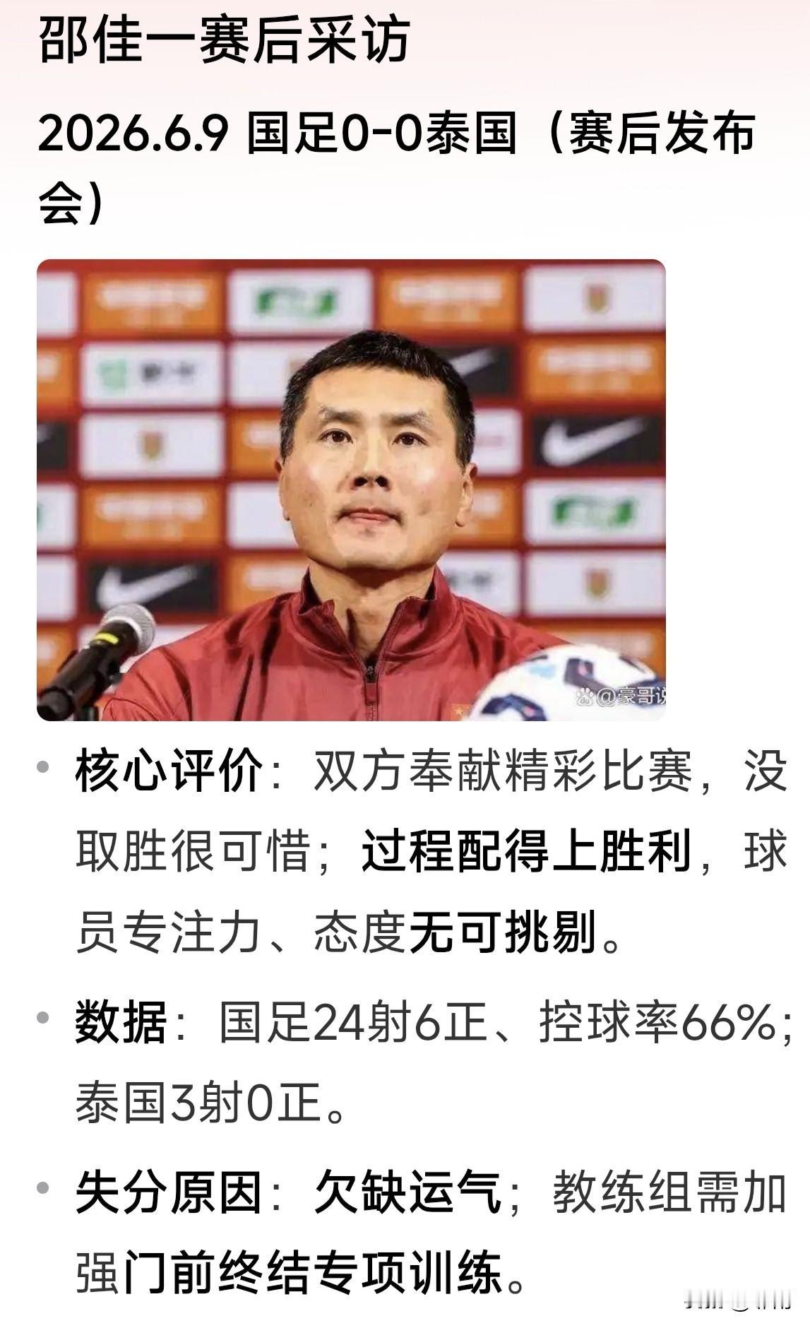 6月9日，国足在友谊赛中被泰国队逼平。赛后，主教练邵佳一对这场比赛作出点评：比赛