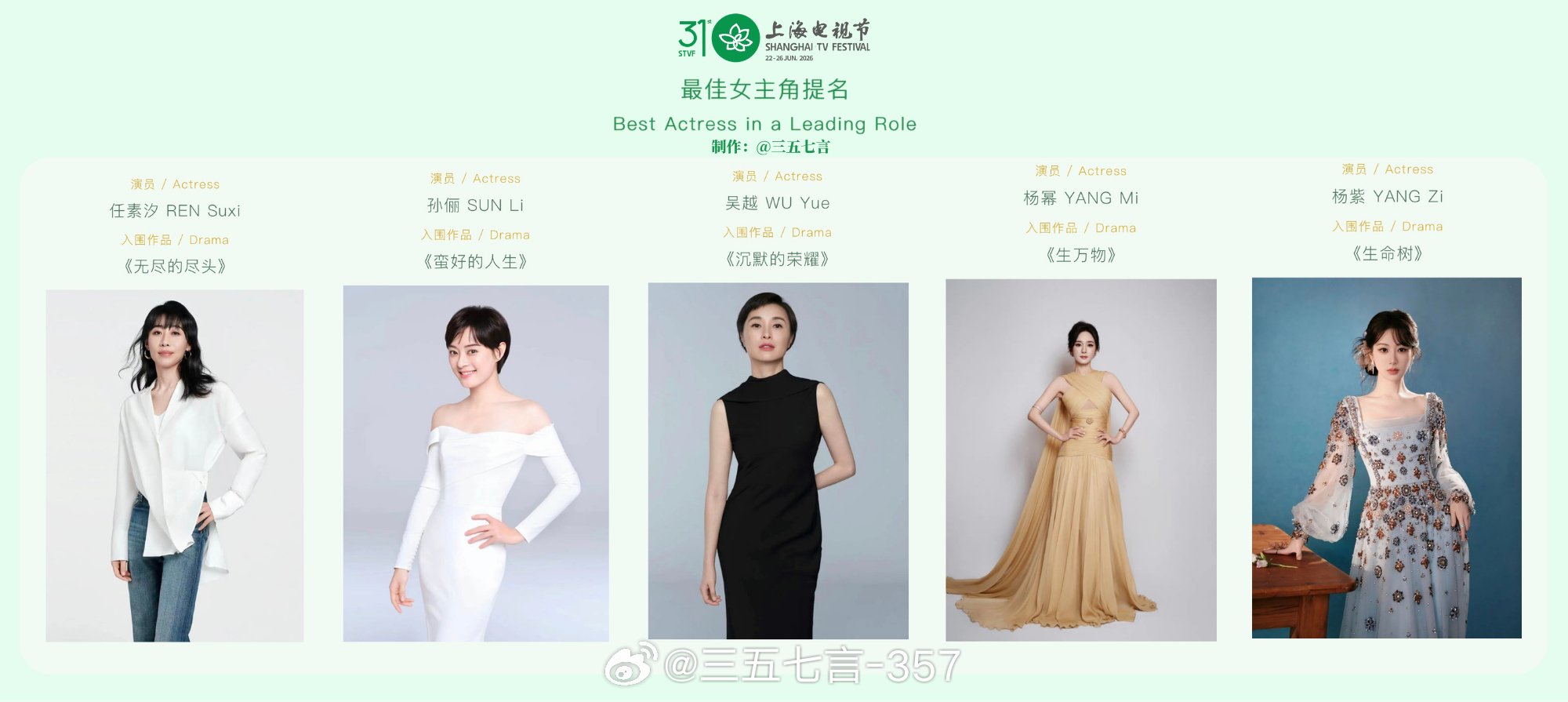 【白玉兰最佳女主角提名公式照】任素汐 孙俪 吴越 杨幂 杨紫，谁会摘得视后呢？白