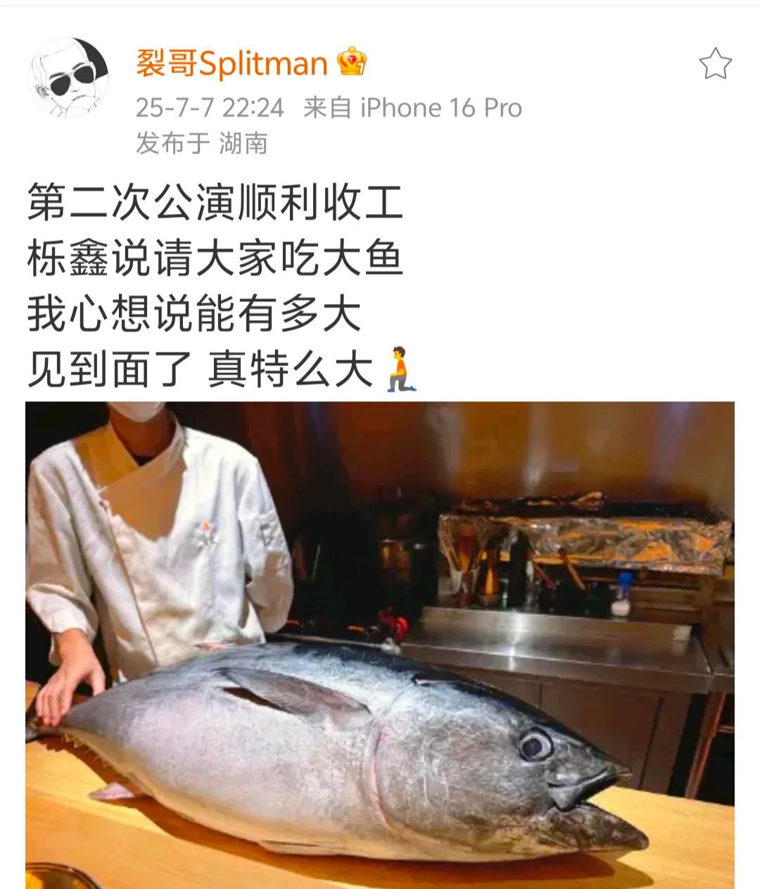 王栎鑫请哥几个吃大鱼！
被馋到了。
果真是好大的鱼。
糊糊真够意思，请快乐老咖们
