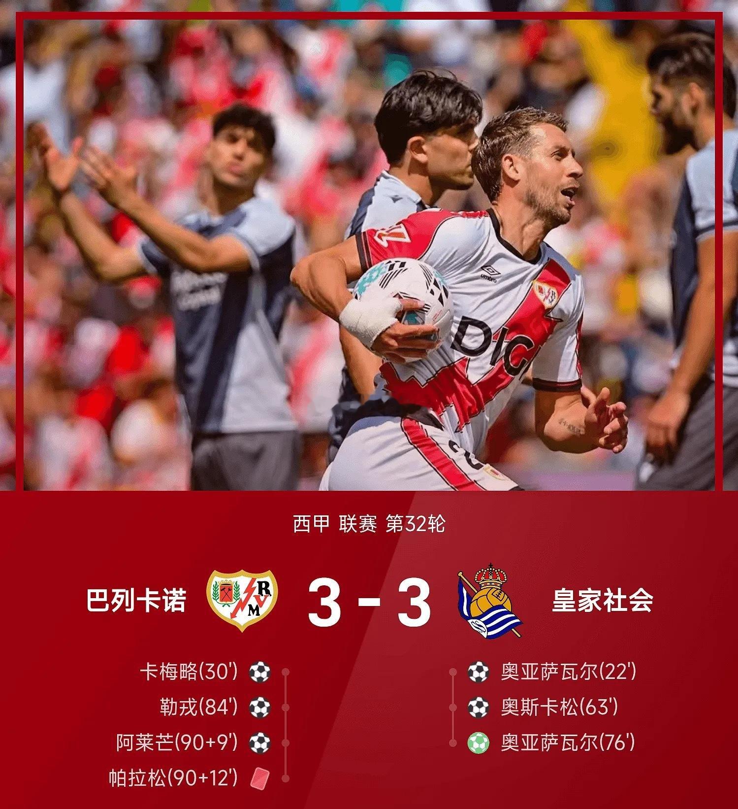 西甲战报：阿莱芒替补绝平，巴列卡诺两球被吹3-3皇社04月26日讯 25/26赛