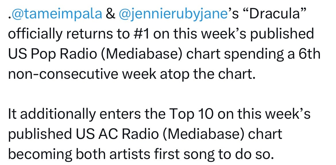 Dracula with Jennie重回本周美国流行广播（Mediabase）