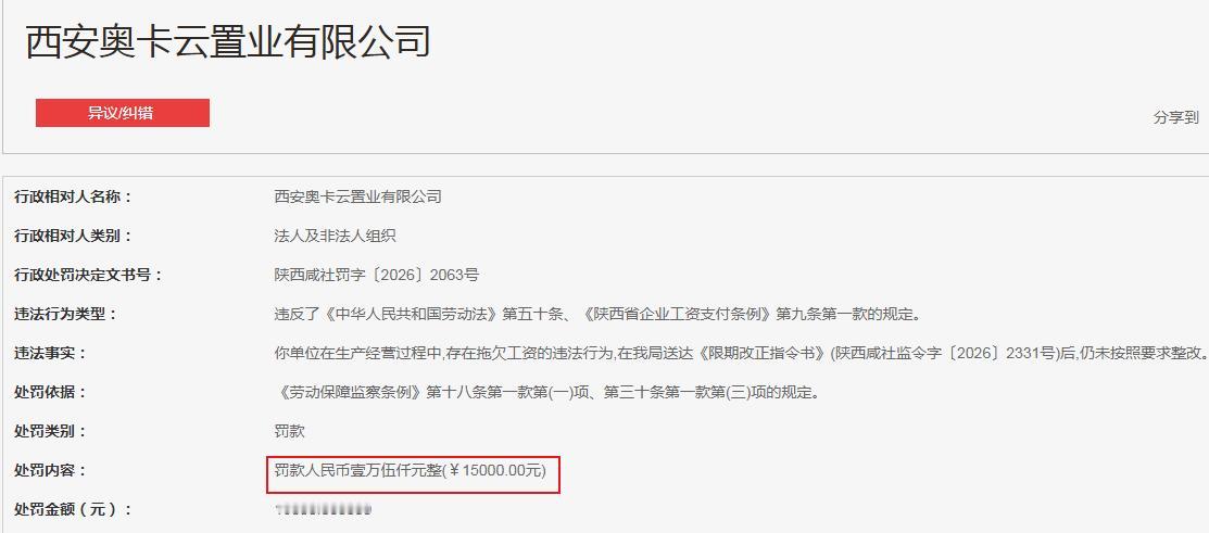 罚款15000元  西安奥卡云置业有限公司

西安奥卡云置业有限公司，违反了《中