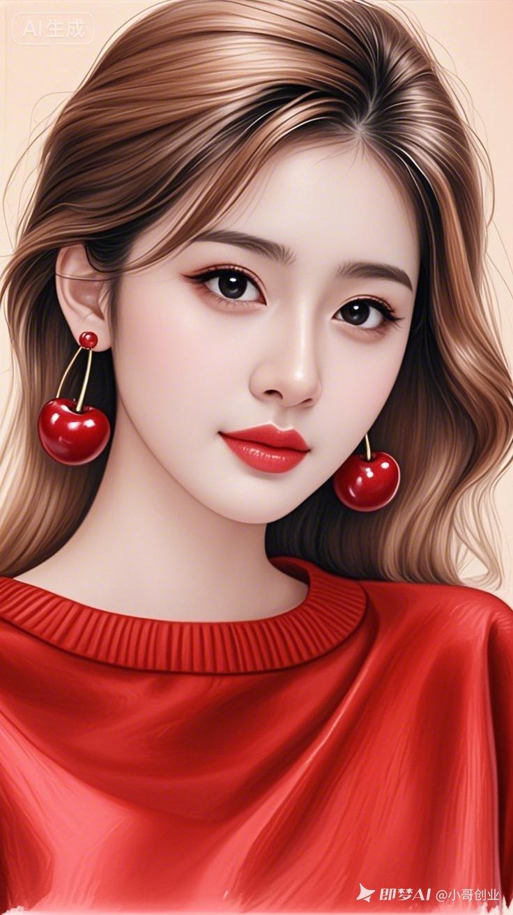甜美樱桃耳环，红衣少女，梦幻少女心！