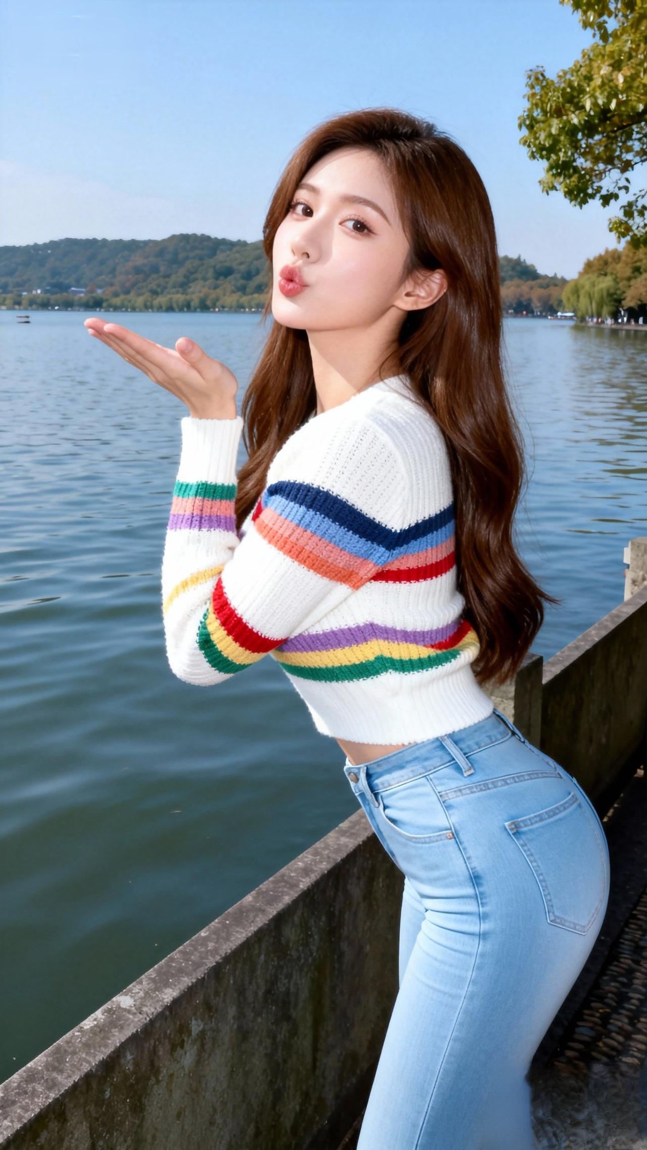 湖边少女，彩虹毛衣，甜美微笑，阳光明媚，心情大好！🌞💕