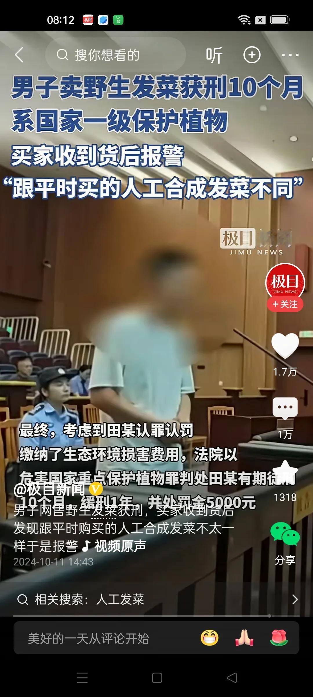 男子网上售卖野生发菜获刑10个月，并处罚金5000元。发菜是国家一级保护植物，男