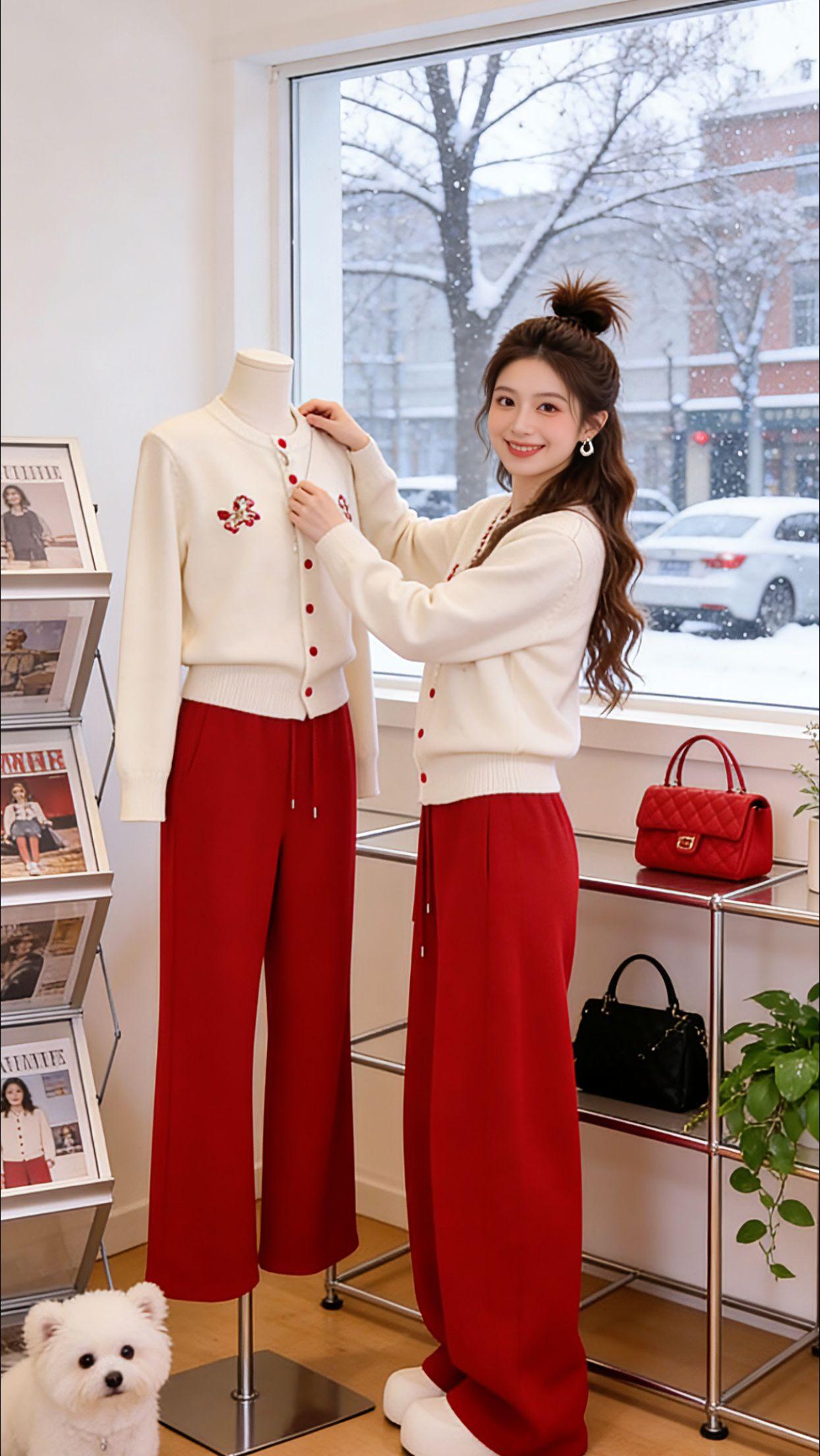 周末陪闺蜜Danny逛街，她换上这套红白针织套装的瞬间，连路过的小姐姐都主动问链