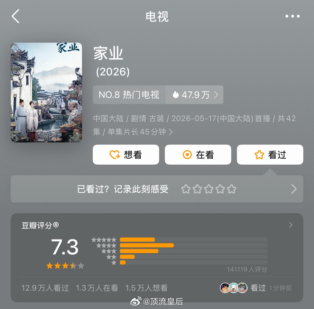 杨紫家业6.5号豆瓣开分7.4，今天降到7.3，3天新增近2万人打分，是不是被黑