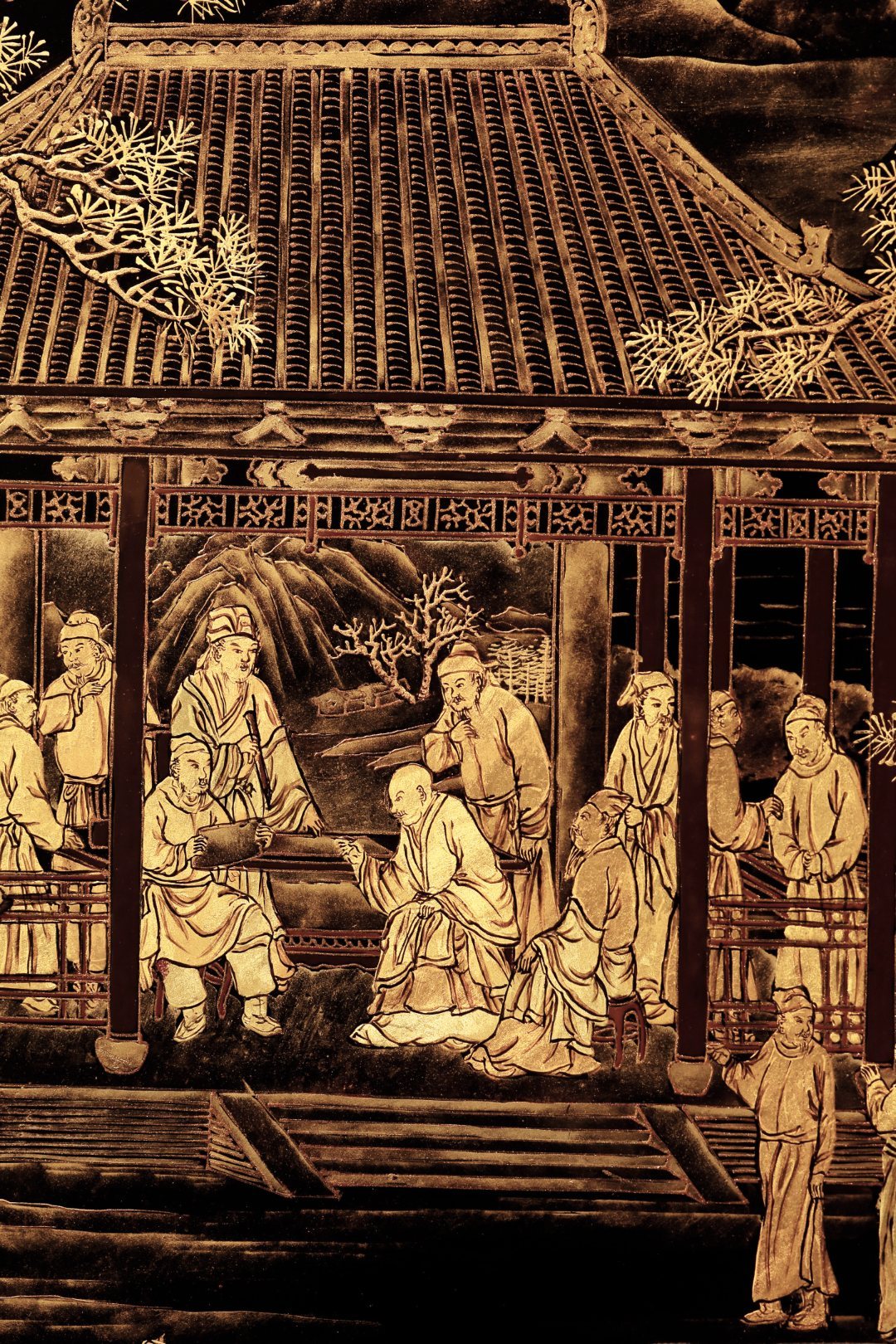 老楠木x漆画【鲁公茶会图】超大挂屏百年老楠木板新作，描漆作画。款识鲁公茶会图，手