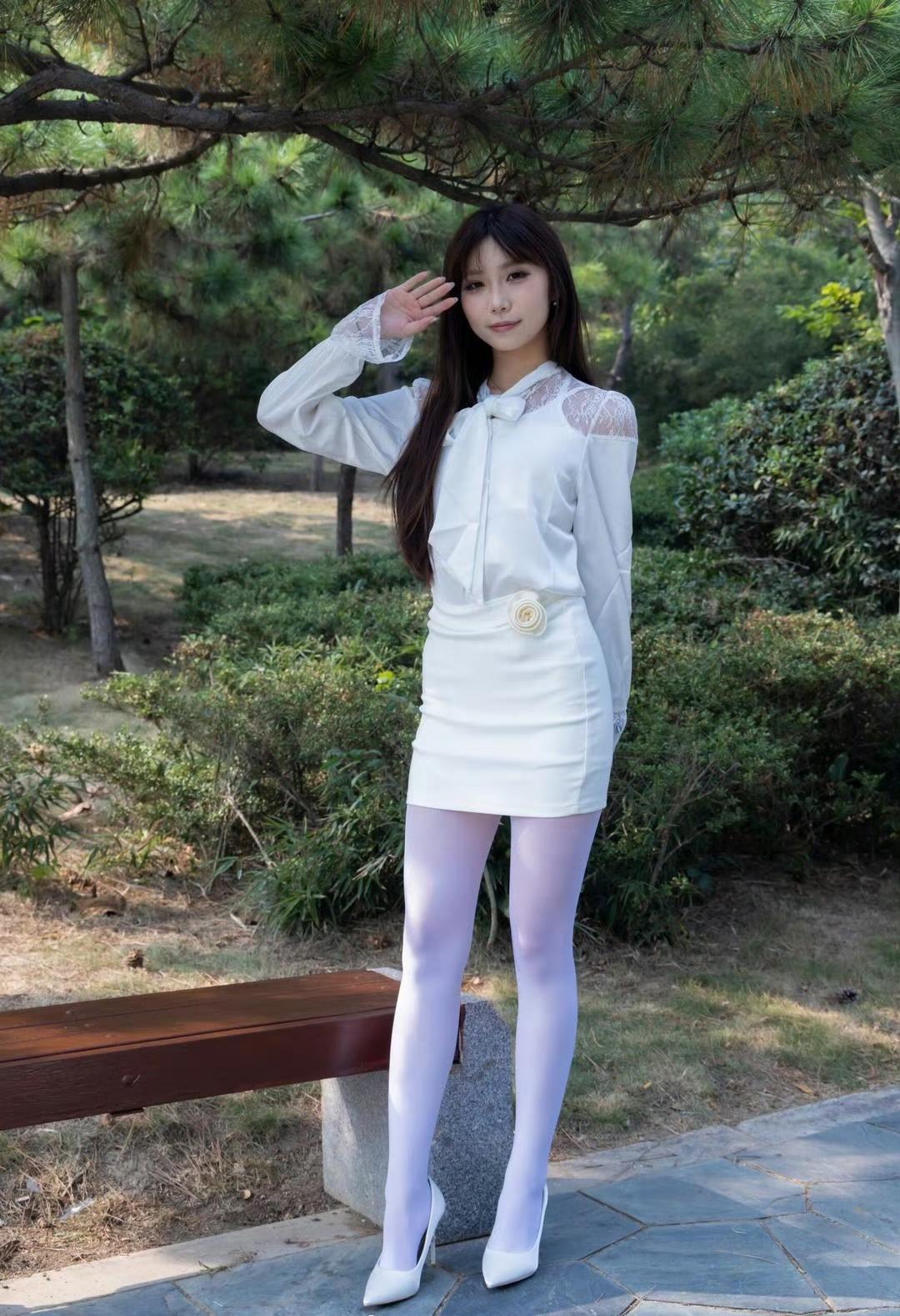 这套穿搭将优雅甜美与精致浪漫完美融合，尽显清新的少女气质。白色蕾丝拼接衬衫设计精