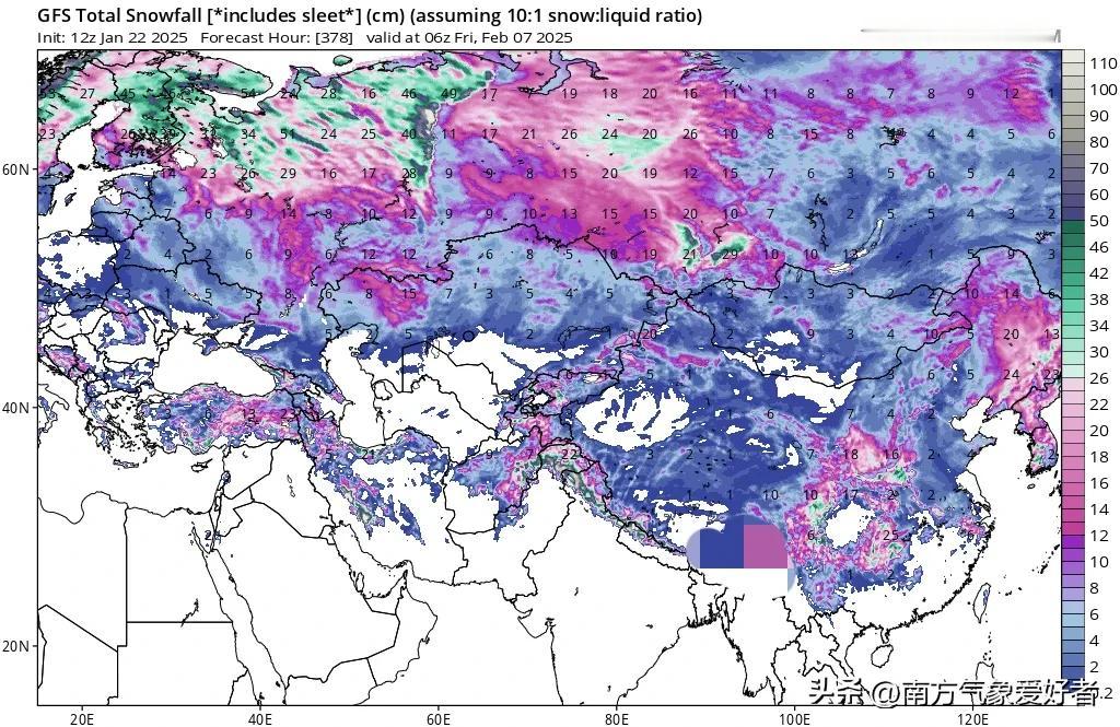 对于江南地区春节期间的降雪，GFS这几报调整非常大，江南的雪一会有一会无，集合反