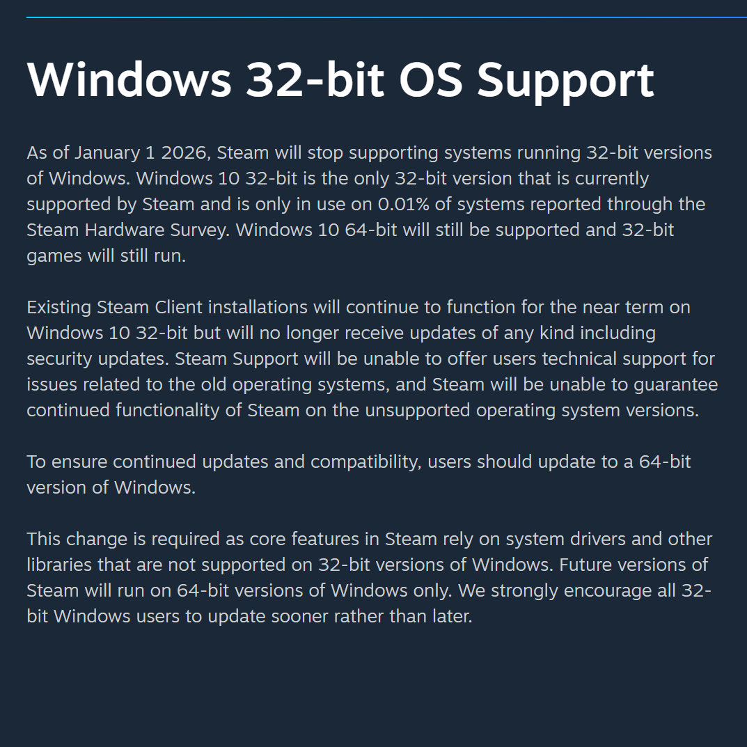 2026年1月1日起，Steam将停止对32位Windows系统的支持。使用Wi