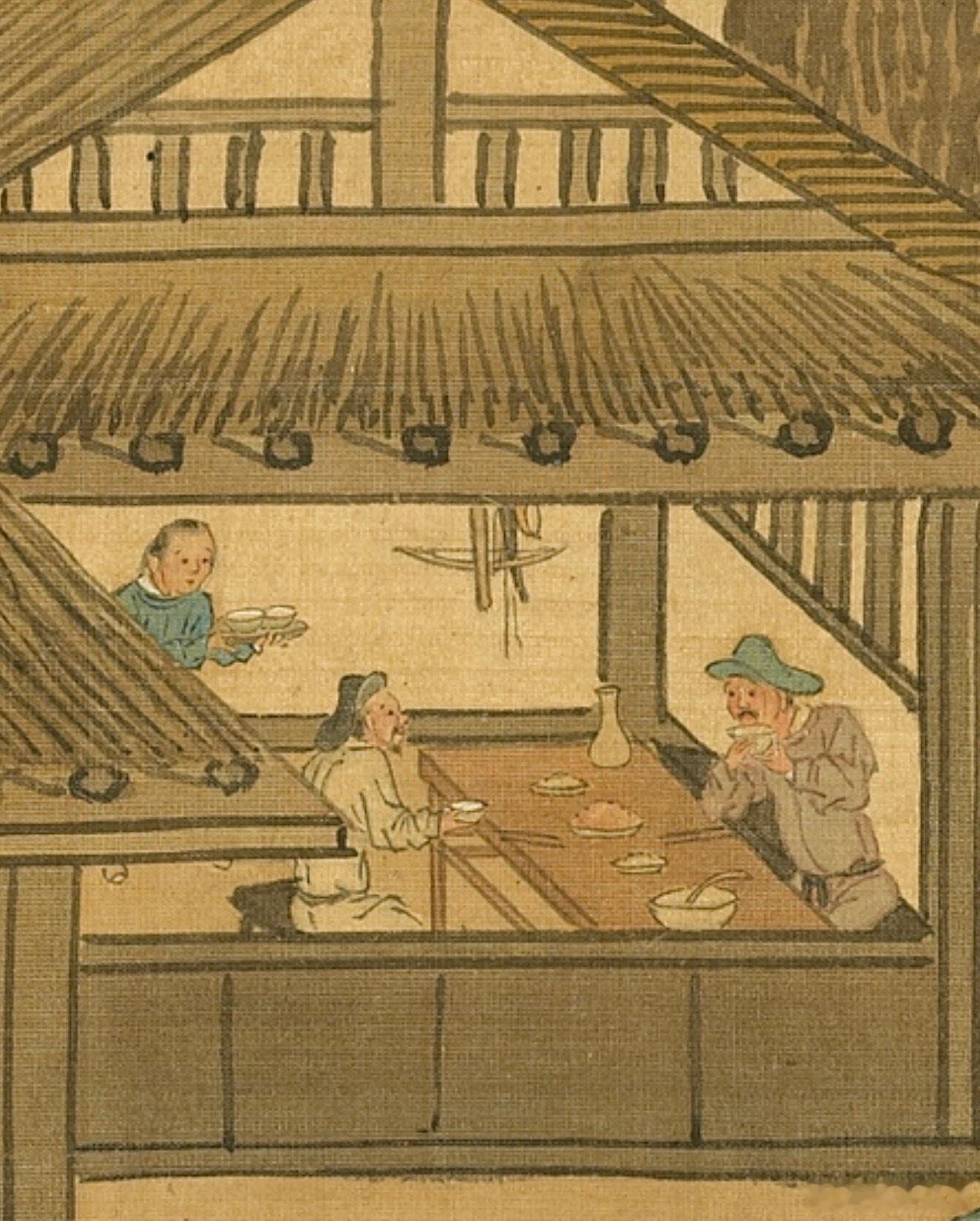 古代侠客故事中，客店吃饭，兵器挂墙上的场景。这幅局部可以用来脑补。 ​​​