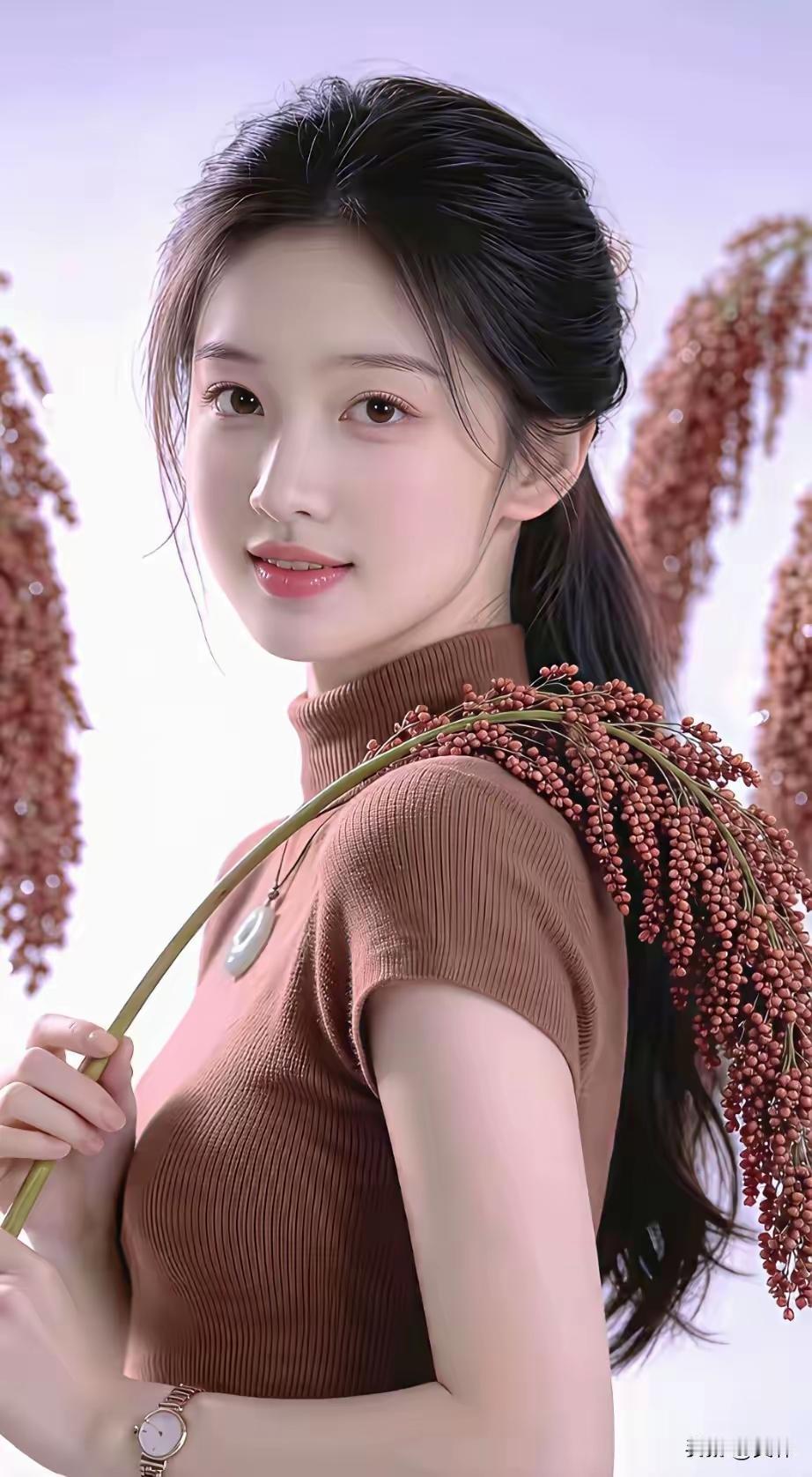 一个女孩拿着花，微笑着看镜头。