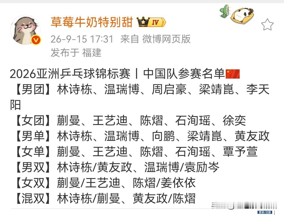 亚锦赛名单终于完整出炉！看完国乒的完整参赛阵容，惊不惊喜，意不意外呢！

这份名