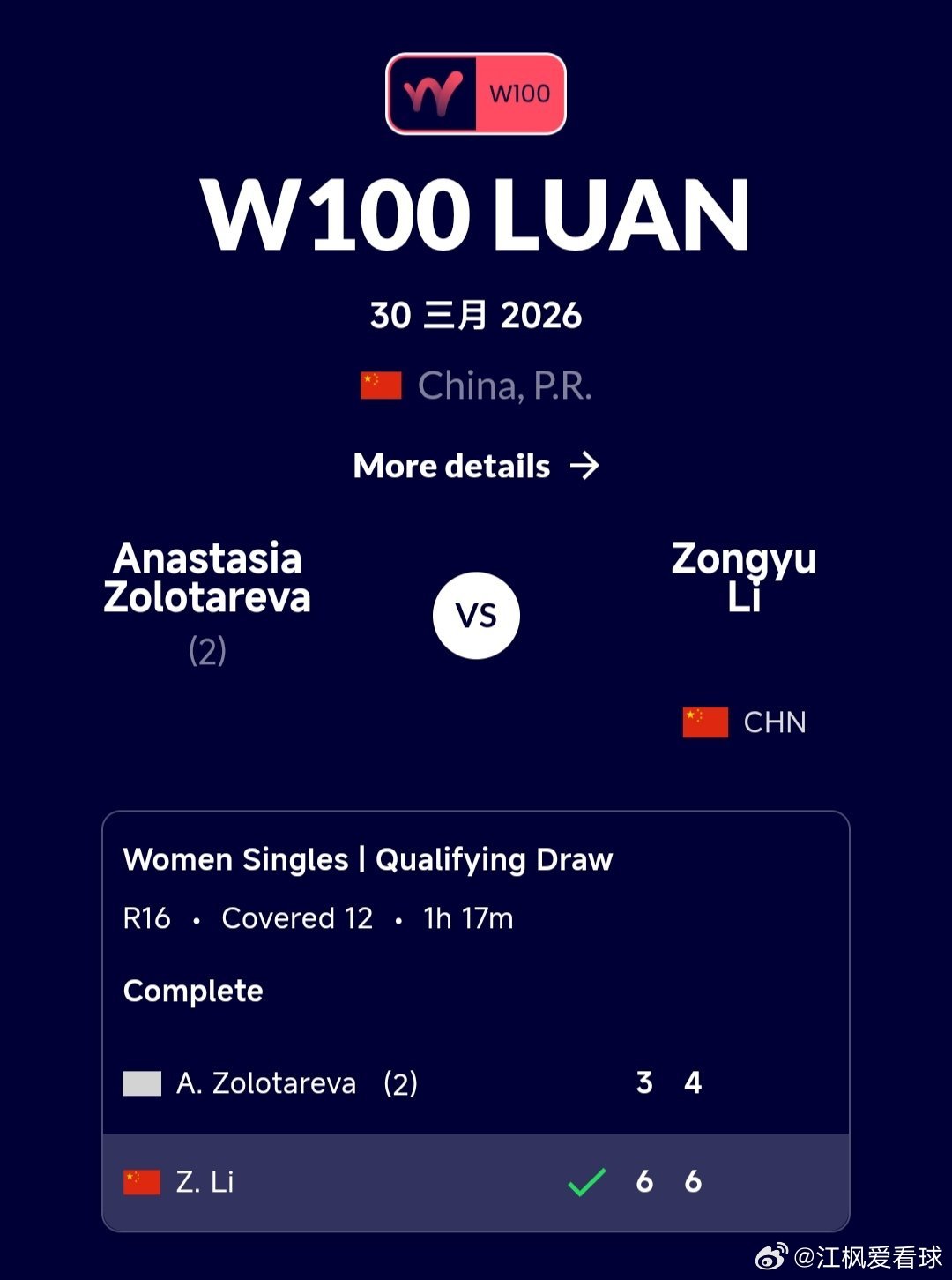W100六安站🇨🇳资格赛决胜轮李宗钰🇨🇳6-3/6-4战胜佐洛塔廖娃🇷