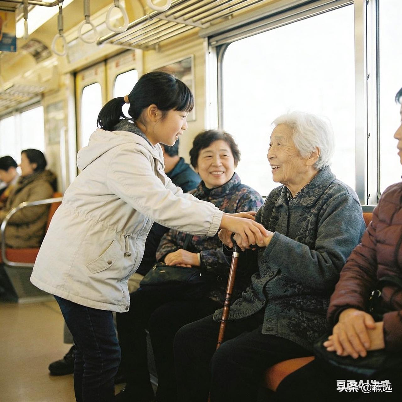 今儿乘地铁人比较多，一位老妇人（看岁数七十多）上车后看座位已满，颤巍巍挪到一小姑