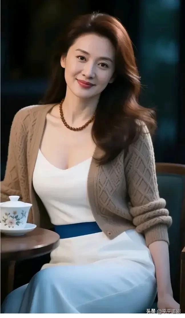 暖咖开衫裹着温柔，白裙衬着从容。
木珠轻垂，瓷杯映着时光，
在静谧里，把日子过成