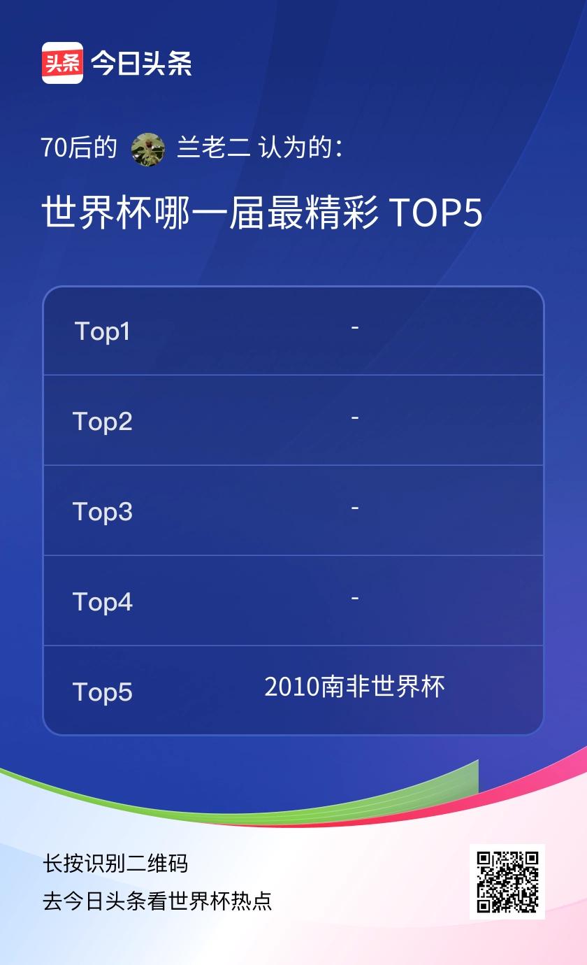 TOP5作为70后看球几十年的老球迷，聊聊我心里最精彩的五届世界杯。
每一届都连