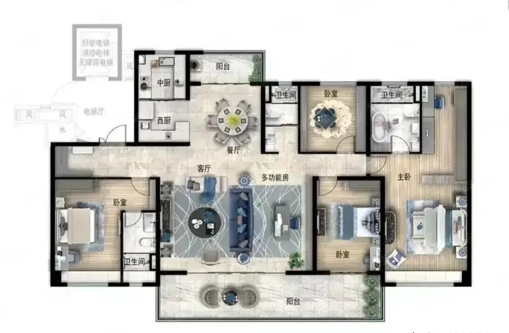 横厅+多功能房，这种户型真的适合改善家庭吗？
 
这套户型做了中西厨，客餐厅打通