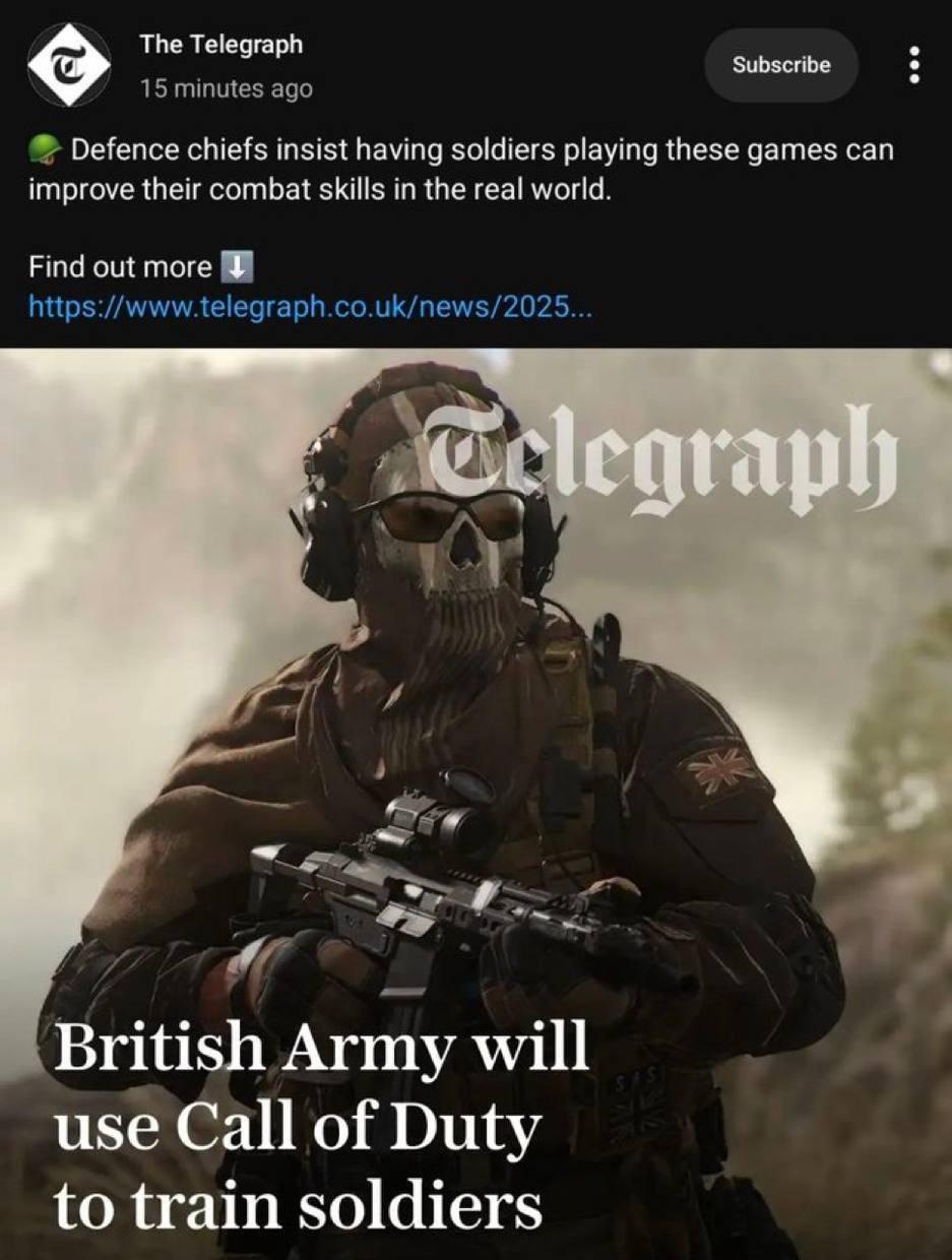 《每日電訊報》英國防部長堅稱，讓士兵玩這些遊戲可以提高他們在現實世界中的作戰技能
