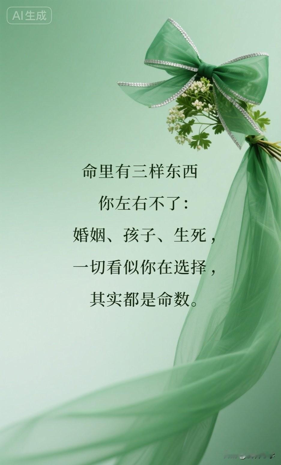 命里有三样东西，你左右不了：婚姻、孩子、生死，一切看似你在选择，其实都是命数。
