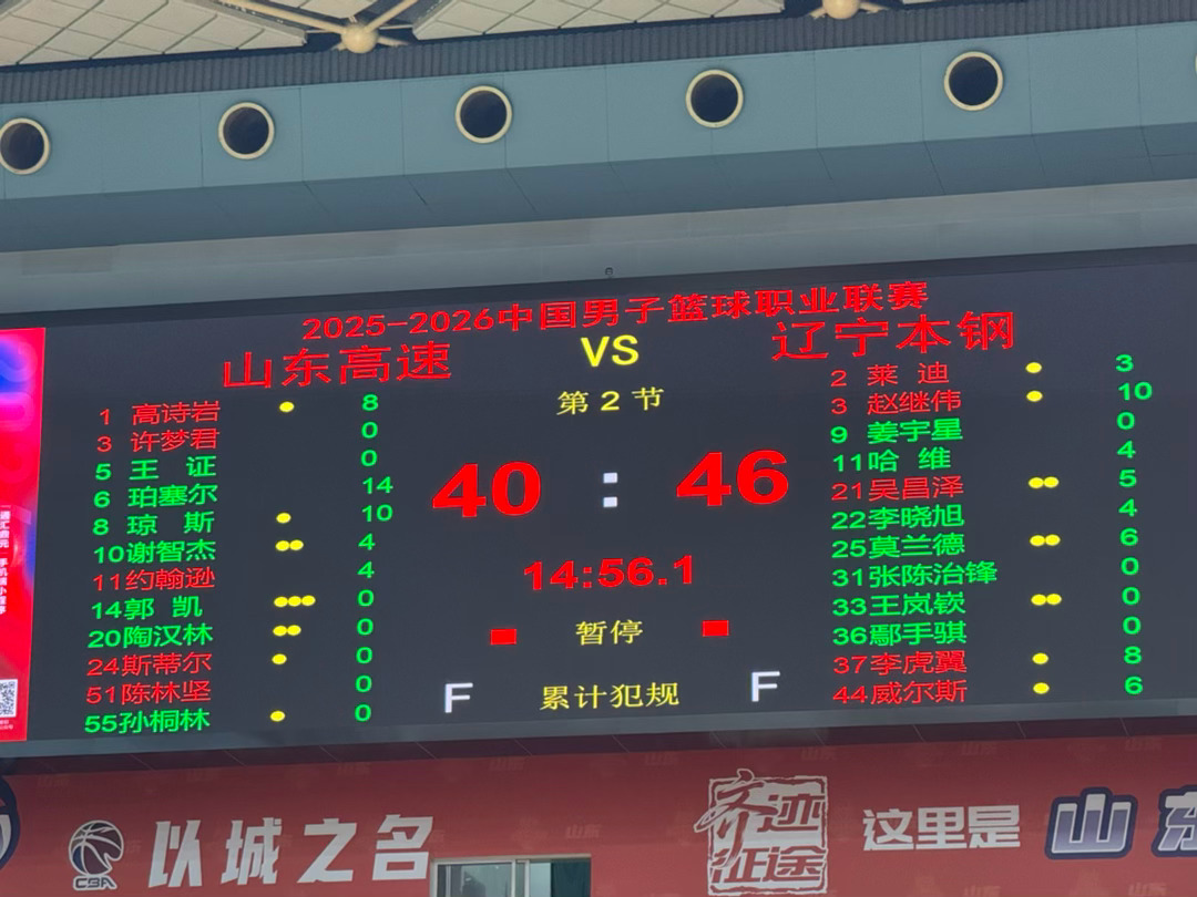 半场比分，辽宁46-40客场领先山东，获得出场时间的李虎翼和吴昌泽表现不错，分别