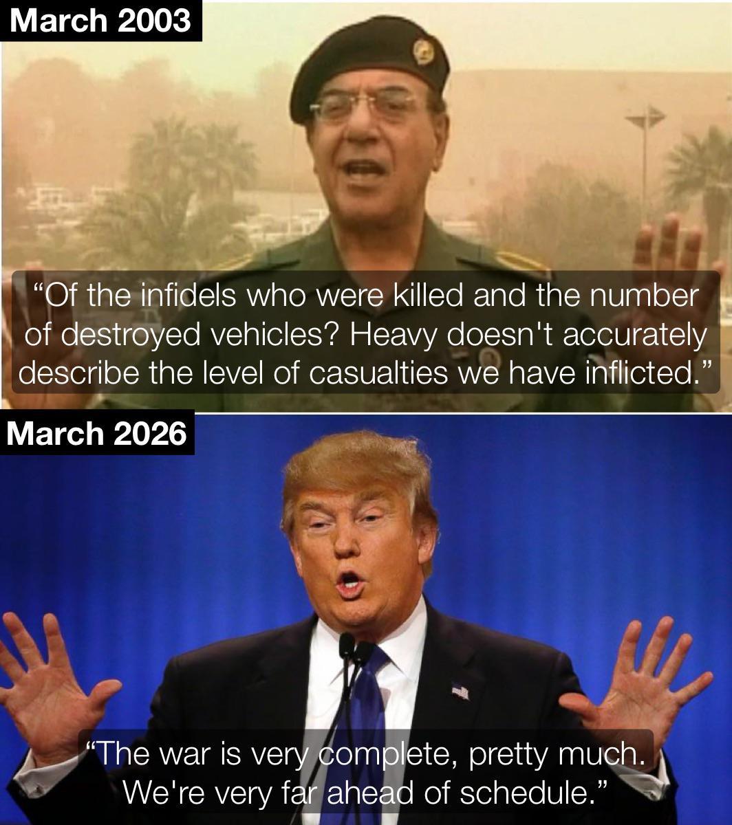 特朗普和伊拉克战争时的‘喜剧阿里’放一起，连撒谎的节奏都一模一样。今天说伊朗海军