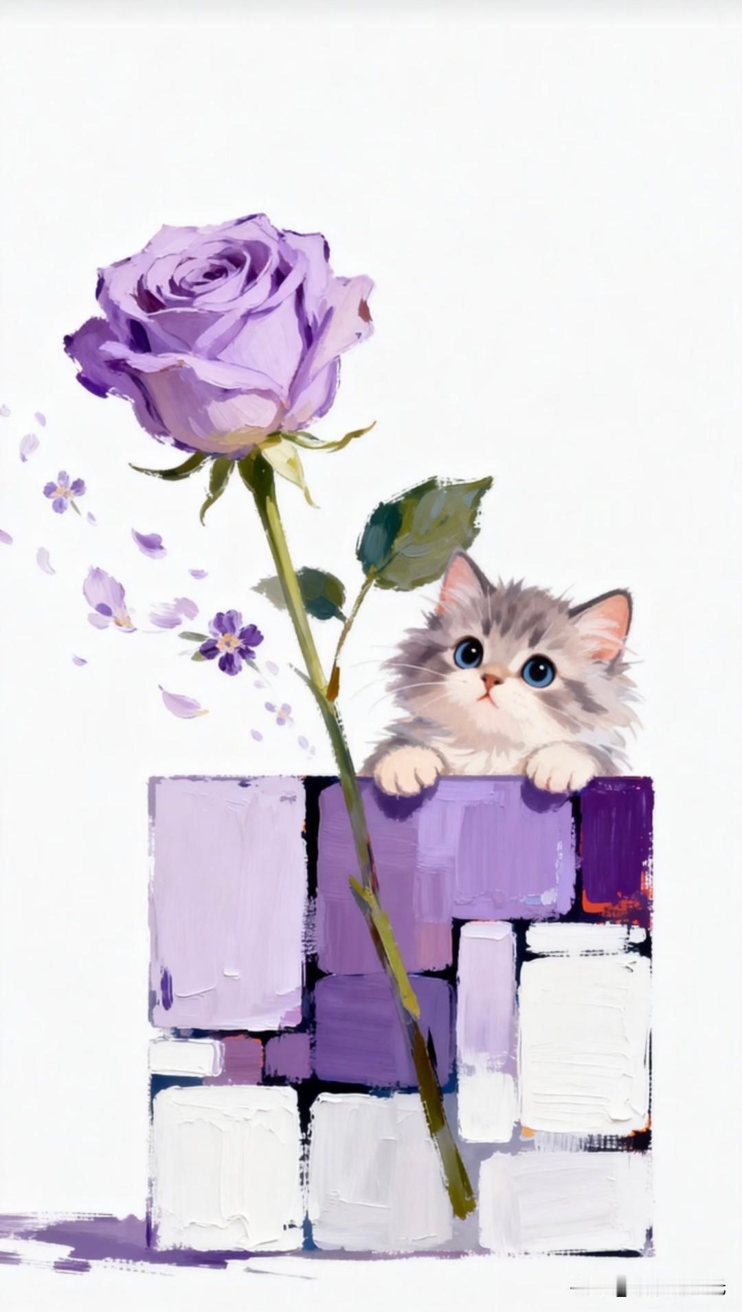 窗畔小猫凝望紫玫，花瓣轻落，揉碎一整个紫色温柔。丨风风不逆风治愈系小猫壁纸插画