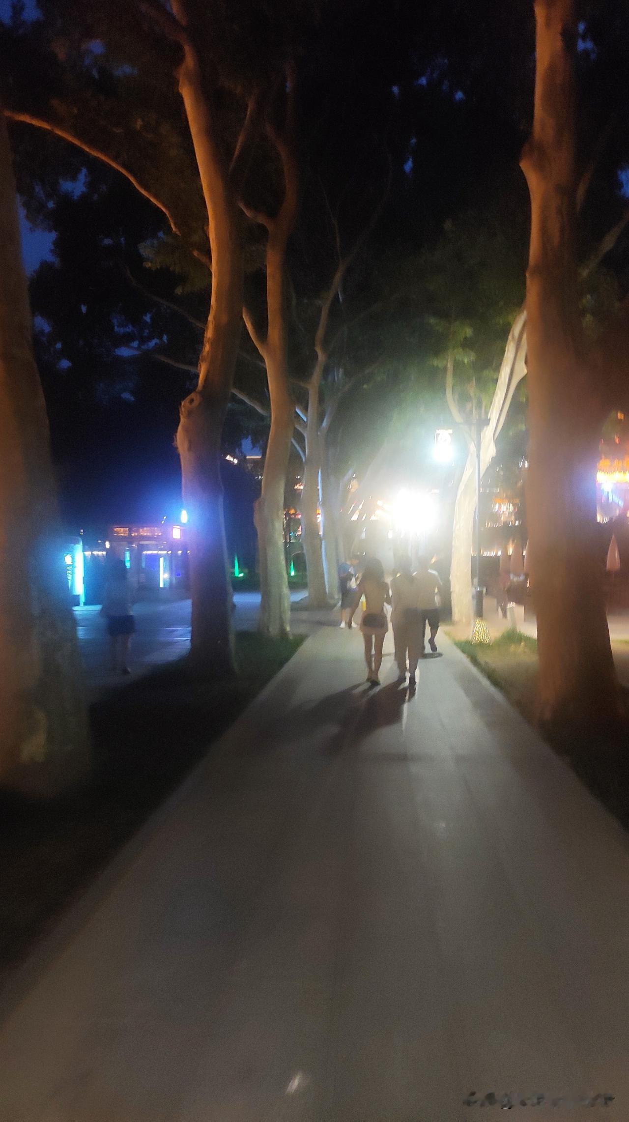夜晚漫步在灯火阑珊的林荫道上，感受生活的宁静与美好。🌙🍃💕