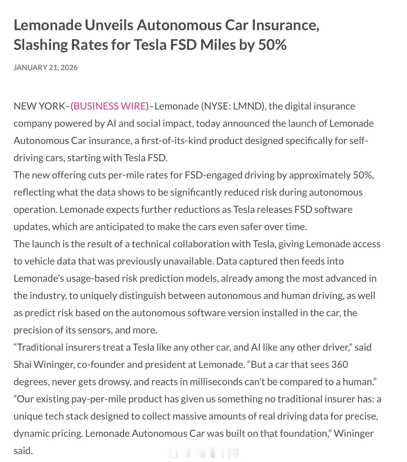 Business Wire 的消息，美国保险公司 Lemonade 宣布推出了自